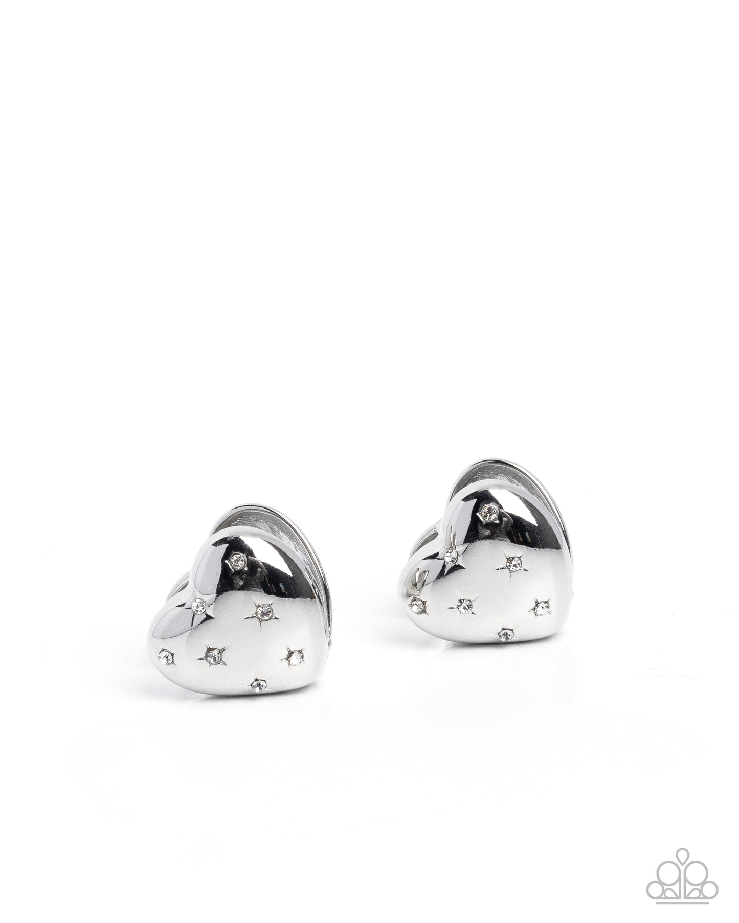 Sweetheart Stars - White Rhinestone Stars Silver Hinge 3/4 Inch Hoop Heart Earring Paparazzi