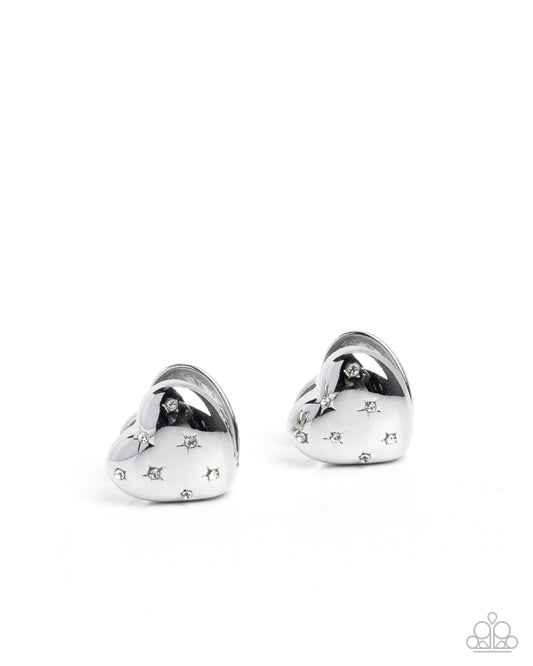 Sweetheart Stars - White Rhinestone Stars Silver Hinge 3/4 Inch Hoop Heart Earring Paparazzi