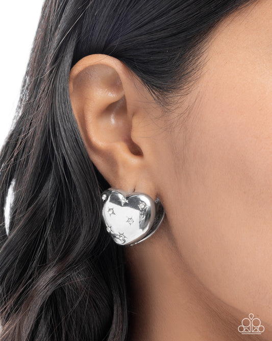 Sweetheart Stars - White Rhinestone Stars Silver Hinge 3/4 Inch Hoop Heart Earring Paparazzi