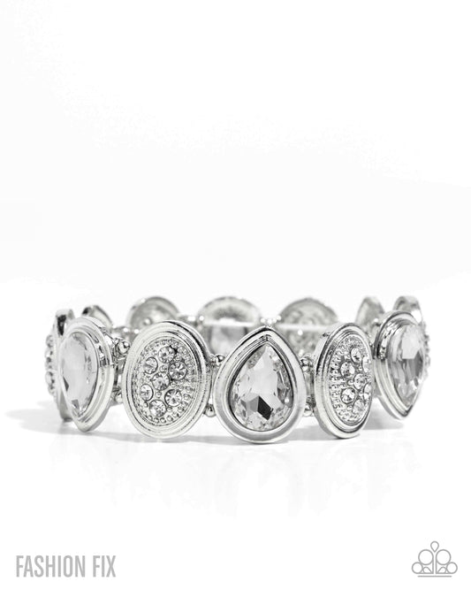 Mesmerizing Memoir - White Teardrop Gem Stretch Bracelet Fiercely 5th Avenue Fashion Fix July 2025 Paparazzi B2303