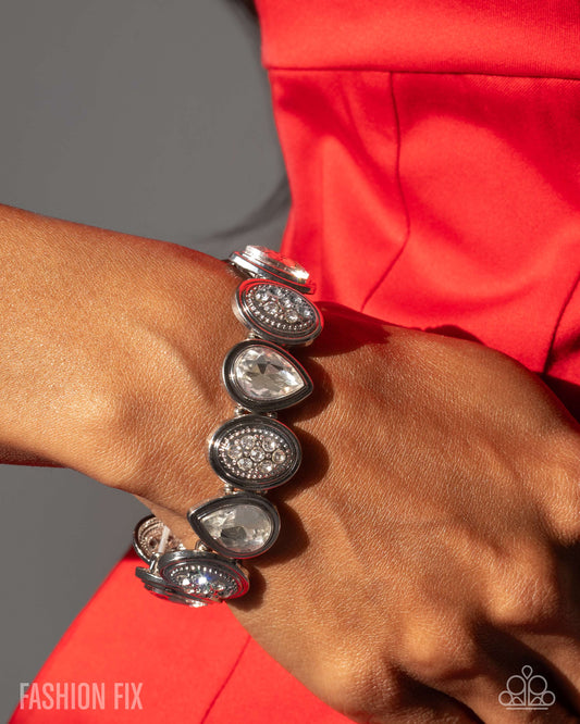 Mesmerizing Memoir - White Teardrop Gem Stretch Bracelet Fiercely 5th Avenue Fashion Fix July 2025 Paparazzi B2303