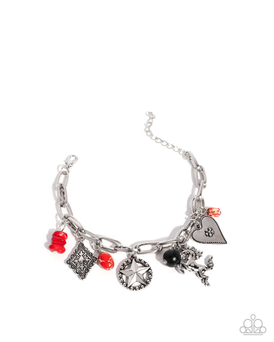 Western Wit - Red Stone, Western Star, Heart, Horse, Western Charm Bracelet Santa Fe Style Paparazzi B2216