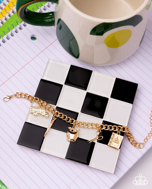 School is in Session - Gold School Bus, Pencil, Apple Charm Bracelet Paparazzi