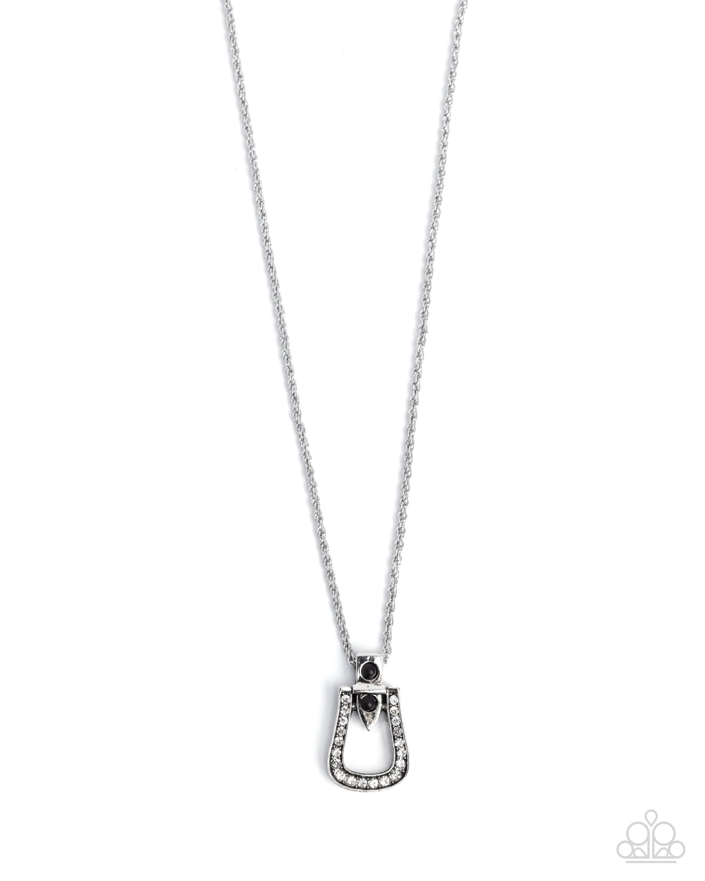 Sensational Stirrup - Black Stone Silver Rope Chain Silver Stirrup Shaped Western Necklace Santa Fe Style Paparazzi N3528