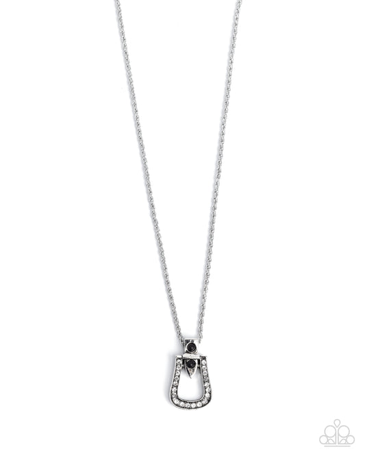 Sensational Stirrup - Black Stone Silver Rope Chain Silver Stirrup Shaped Western Necklace Santa Fe Style Paparazzi