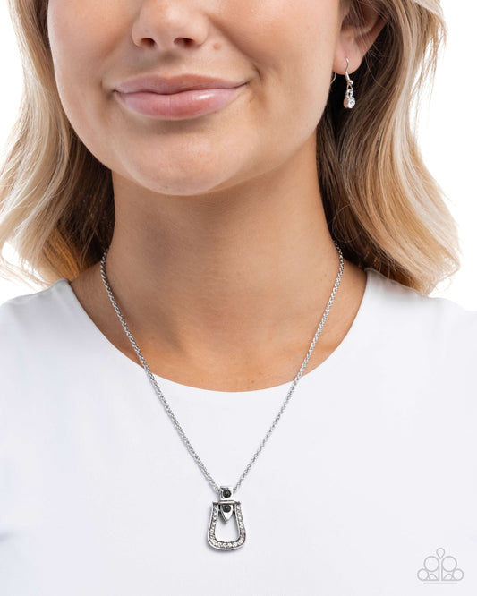 Sensational Stirrup - Black Stone Silver Rope Chain Silver Stirrup Shaped Western Necklace Santa Fe Style Paparazzi