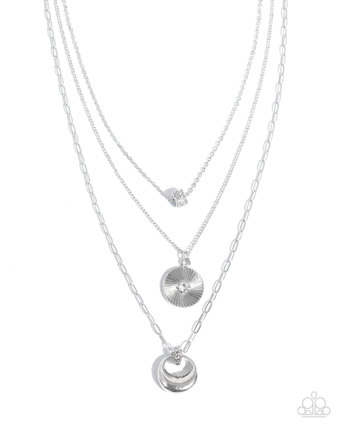 Paparazzi Layered Lineup - White Rhinestone Wheel & Silver Three Layer Necklace