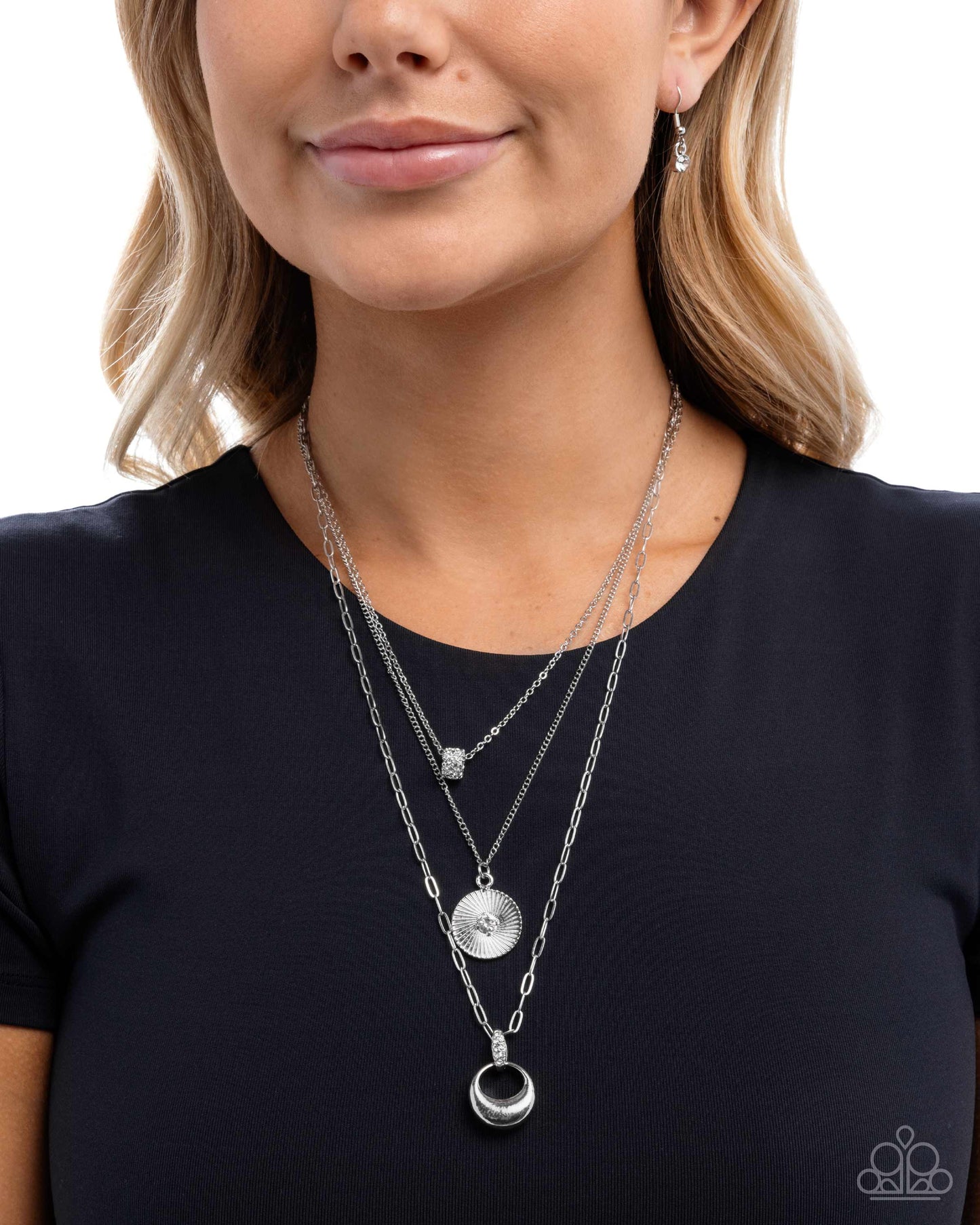 Paparazzi Layered Lineup - White Rhinestone Wheel & Silver Three Layer Necklace
