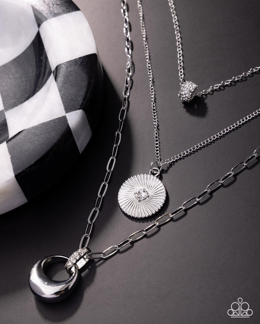 Paparazzi Layered Lineup - White Rhinestone Wheel & Silver Three Layer Necklace