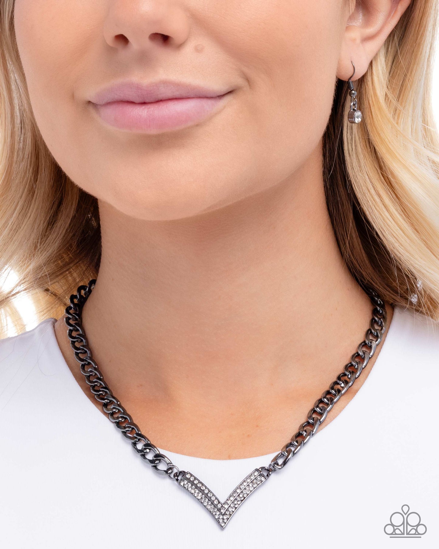 Paparazzi Confident Chevron - Black Gunmetal & White Rhinestone Chevron Necklace