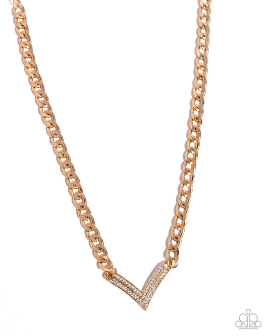 Confident Chevron - Gold Curb Chain V Shaped White Rhinestone Necklace Paparazzi