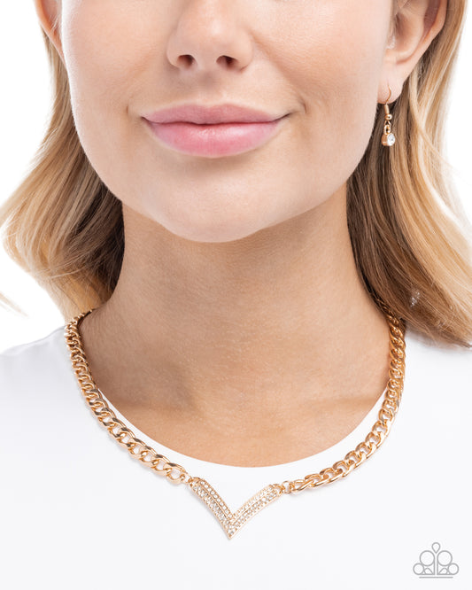 Confident Chevron - Gold Curb Chain V Shaped White Rhinestone Necklace Paparazzi