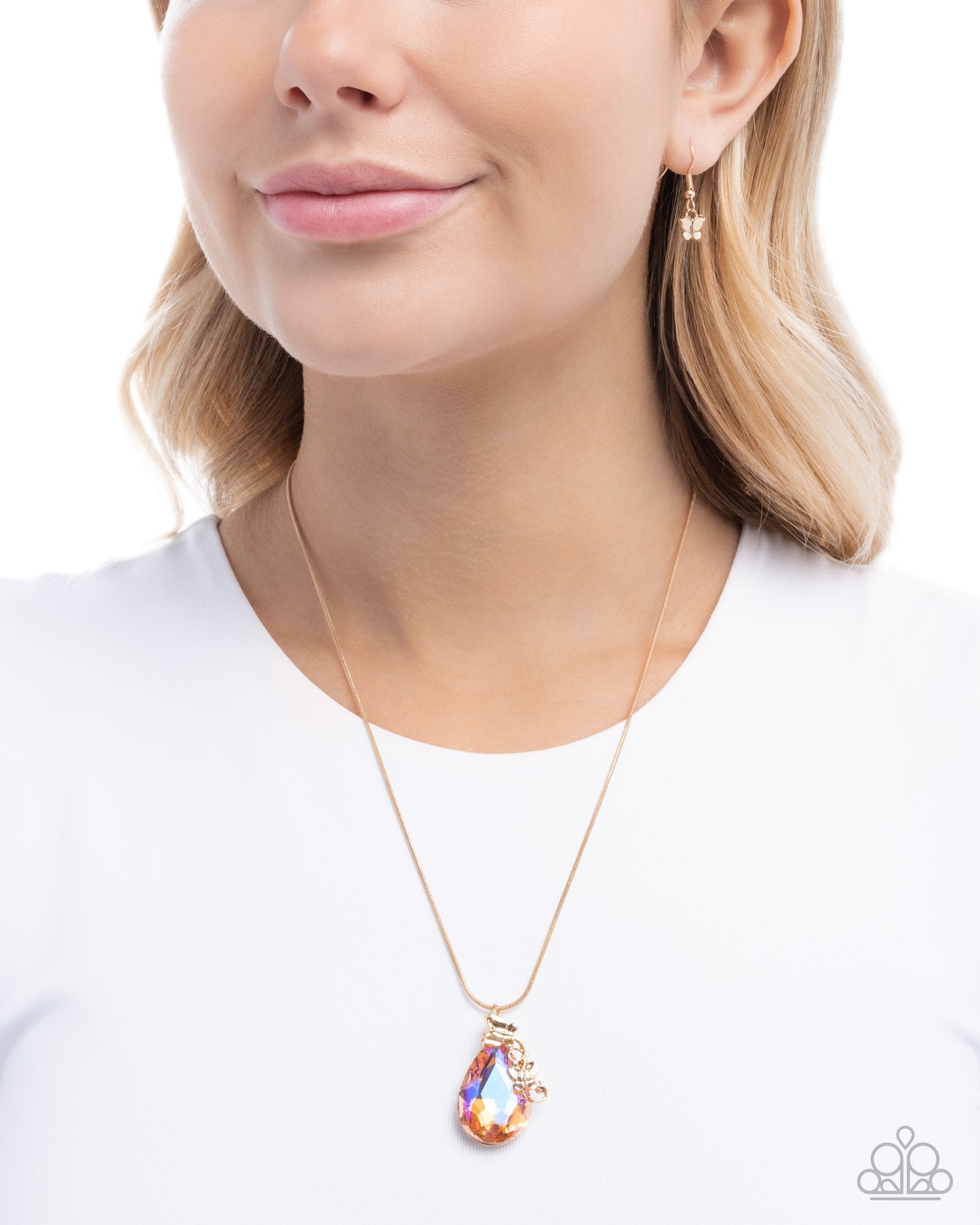 Paparazzi Teardrop Transformation - Orange UV Shimmery Teardrop Gem Gold Serpentine Chain Necklace N3848