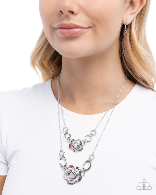 Remarkable Rose - Red Rhinestone Silver Rose Layered Necklace Paparazzi