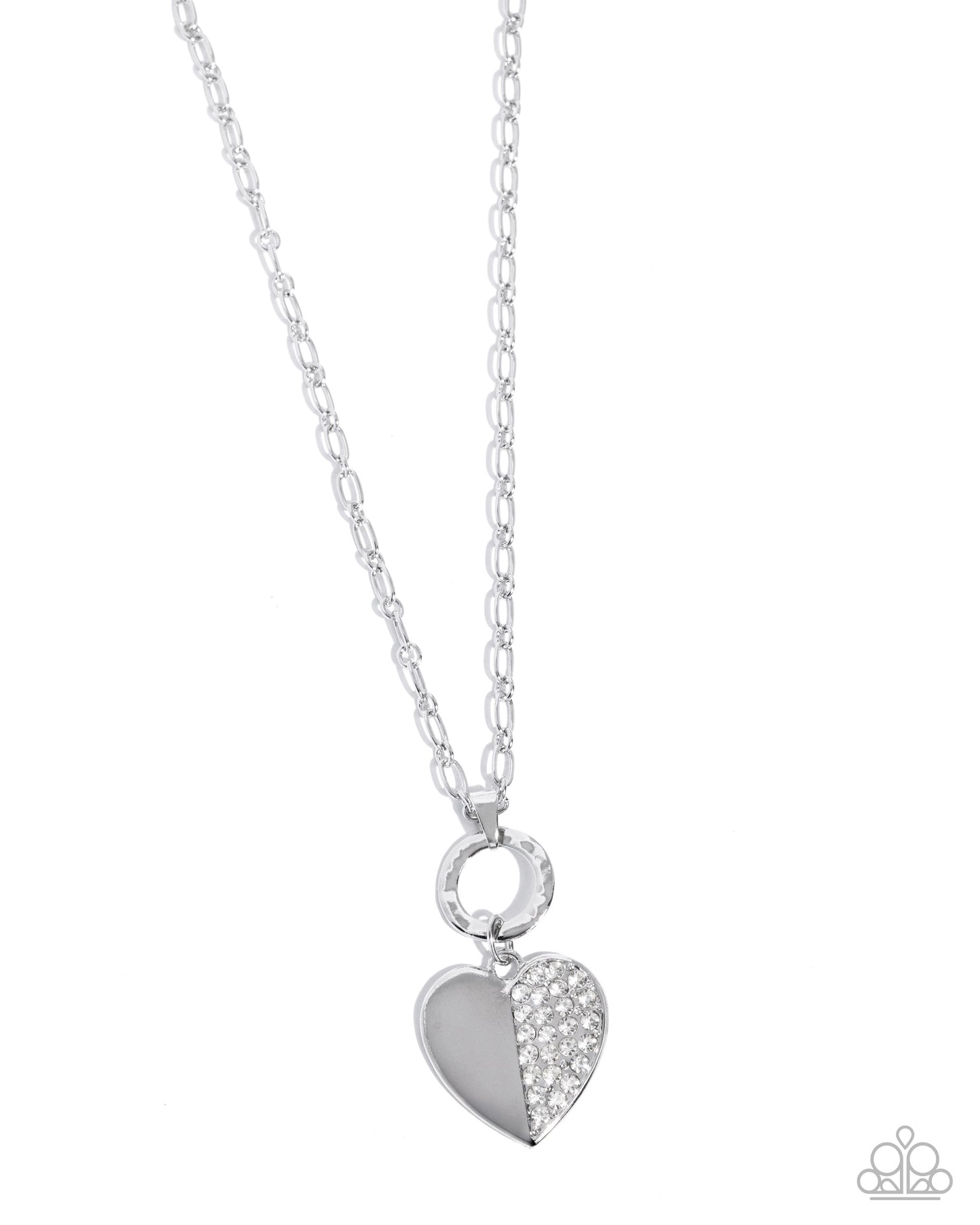 Paparazzi Half-Hearted Hangout - White Rhinestone & Silver Heart Necklace N3850