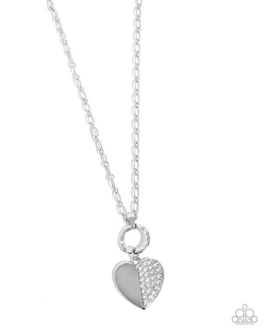 Paparazzi Half-Hearted Hangout - White Rhinestone & Silver Heart Necklace N3850