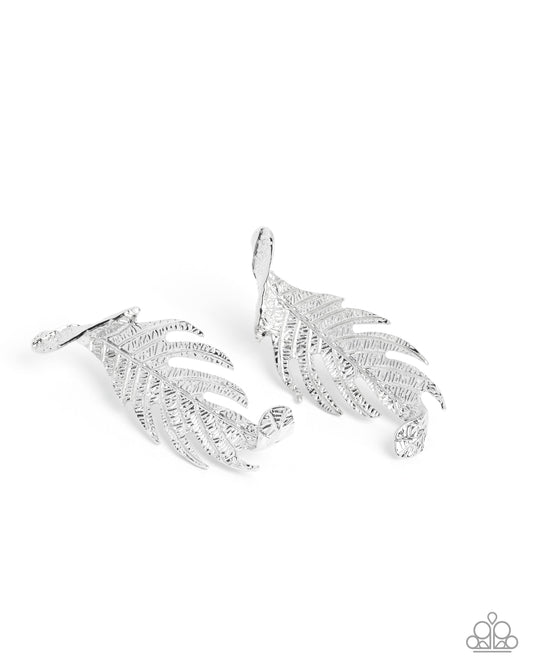 Leafy Lure - Silver Leaf Like Frame Etched Textured Earring Paparazzi E3091