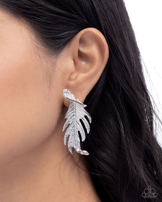 Leafy Lure - Silver Leaf Like Frame Etched Textured Earring Paparazzi E3091