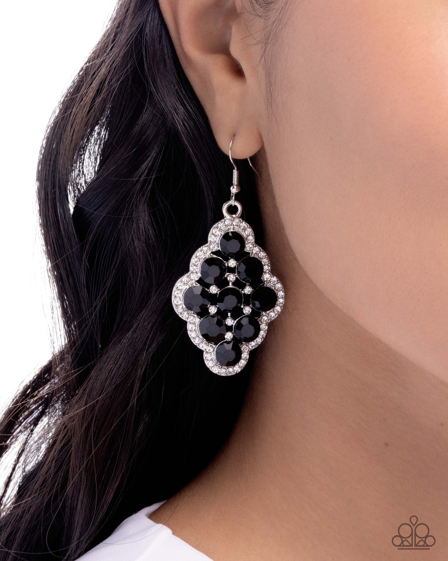 Paparazzi Scalloped Shimmer - Black Gem & White Rhinestone Silver Scalloped Earring