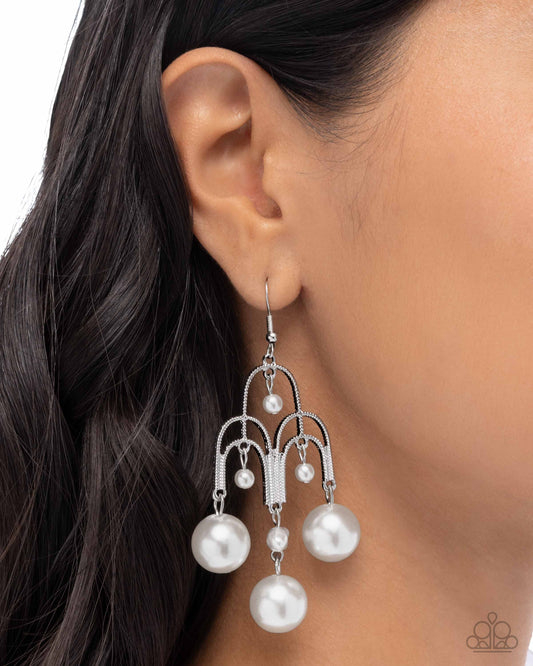 Patient Pearls - White Pearl Silver Chandelier Style Earring Paparazzi E3020