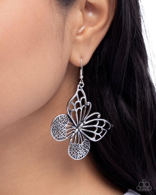 Soaring Skill - Silver Filigree Butterfly Earring Paparazzi E3109