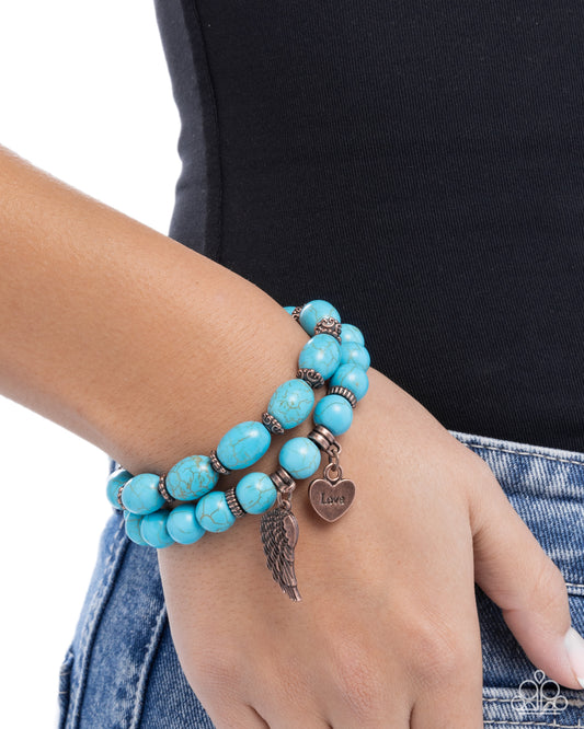 Santa Fe Settlement - Copper Angel Wing & Turquoise Stone Bead Set Of 2 Stretch Bracelets Santa Fe Style Paparazzi B2444