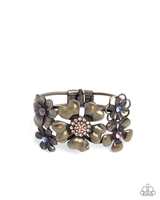 Bursting Bouquet - Brass - Antiqued Brass Hinged Flower Bracelet Paparazzi B2373