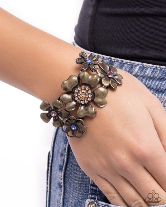 Bursting Bouquet - Brass - Antiqued Brass Hinged Flower Bracelet Paparazzi B2373