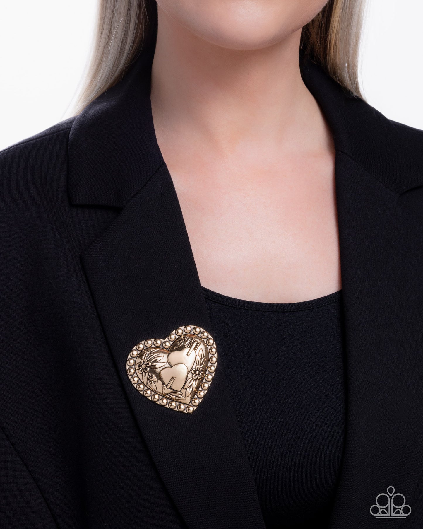 A Breath of Fresh Romance - Gold Antiqued Hearts & Flowers Brooch Paparazzi BR008