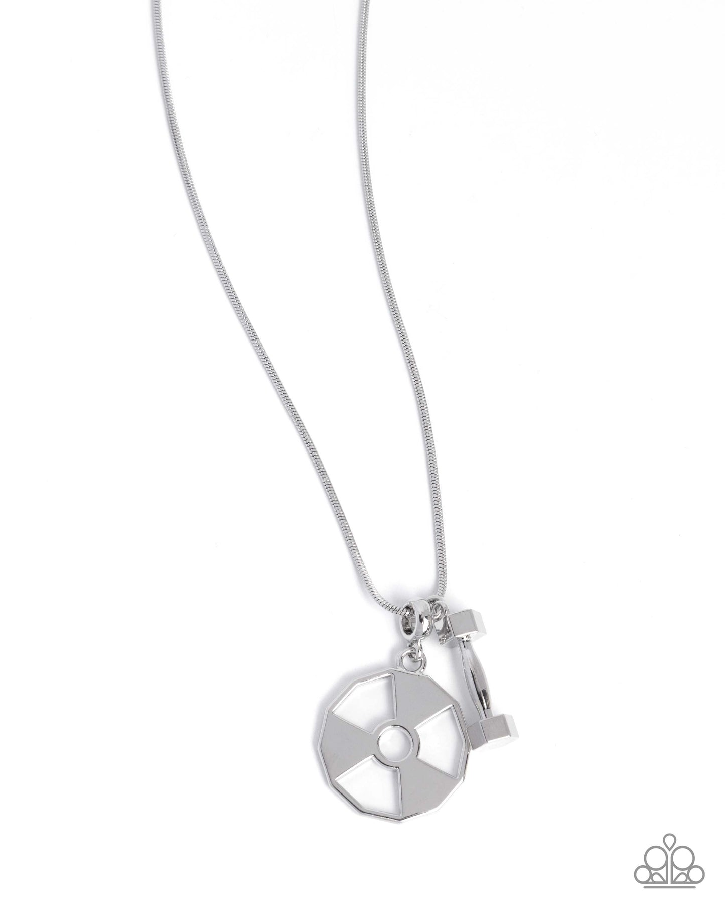 Weighted Welcome - Silver Snake Chain Dumbbell Weighted Plate Pendant Urban Necklace Paparazzi N3467