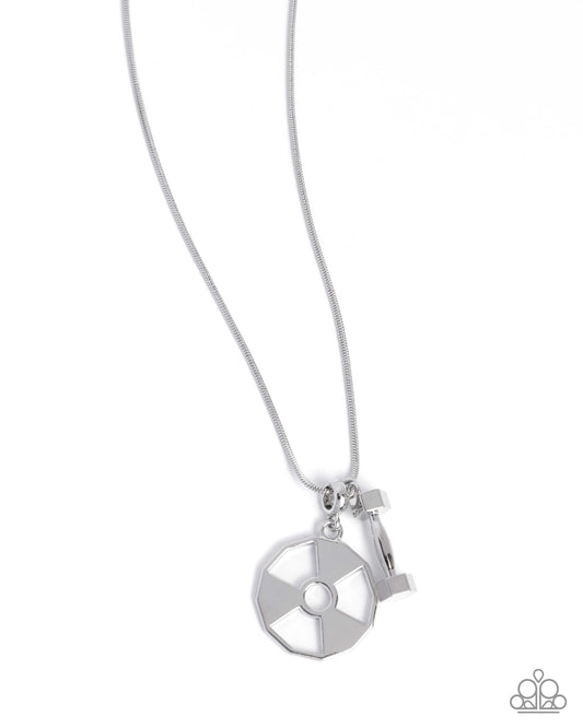 Weighted Welcome - Silver Snake Chain Dumbbell Weighted Plate Pendant Urban Necklace Paparazzi N3467