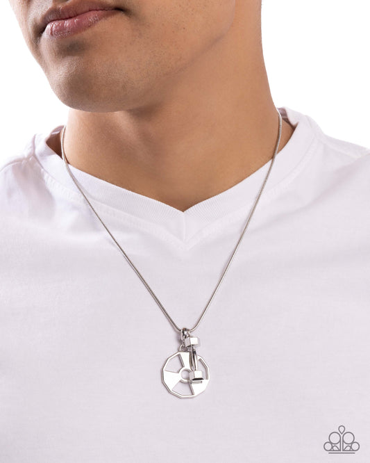 Weighted Welcome - Silver Snake Chain Dumbbell Weighted Plate Pendant Urban Necklace Paparazzi N3467