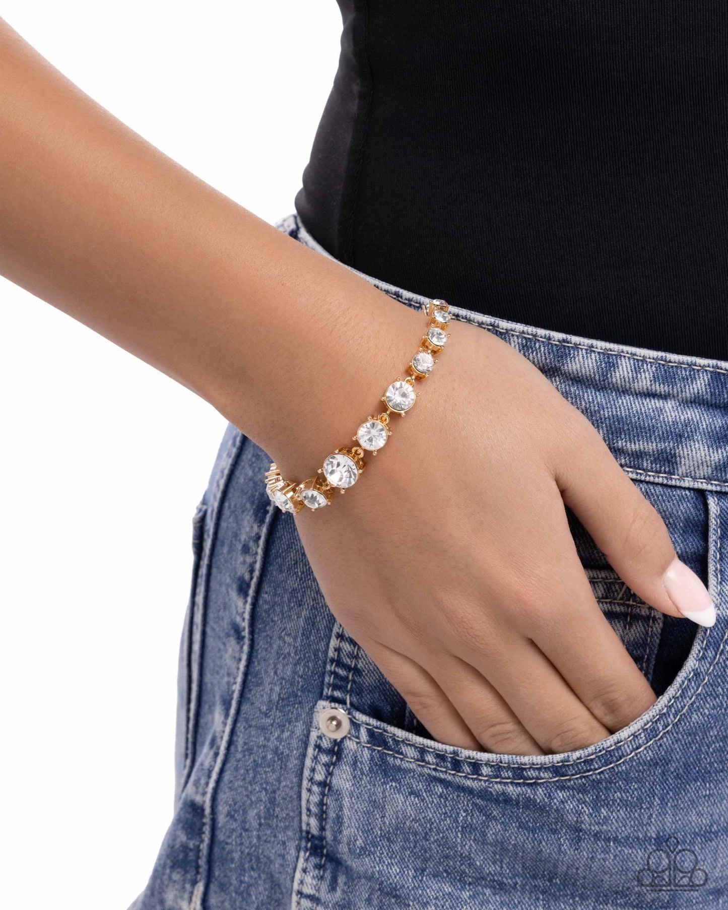 Sizable Shimmer - Gold White Glittery Rhinestone Bracelet Paparazzi B2455