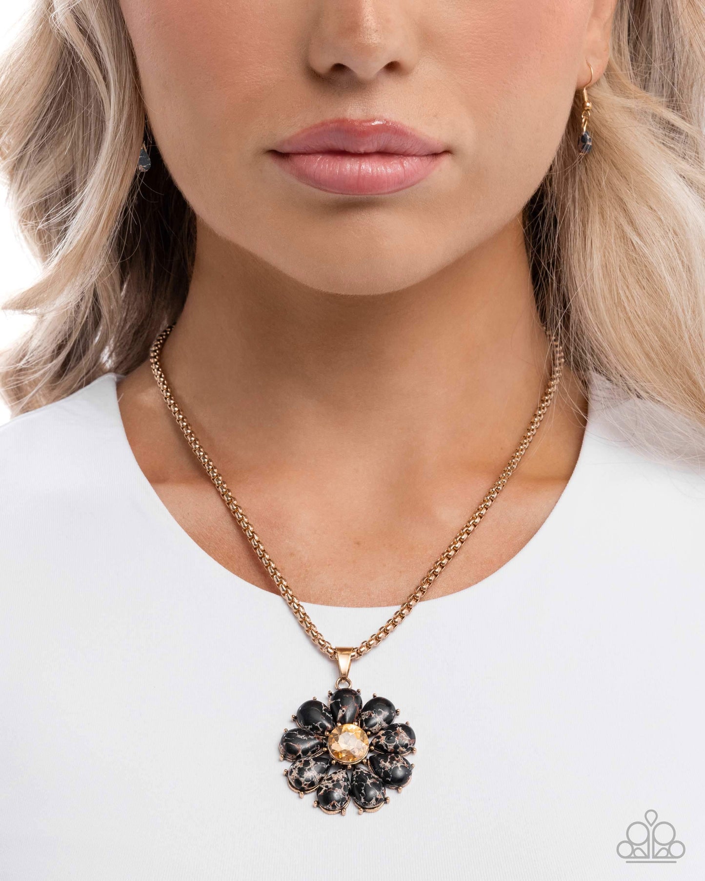 Creative Caliber - Black Marbled Stone Flower Gold Necklace Paparazzi N3558