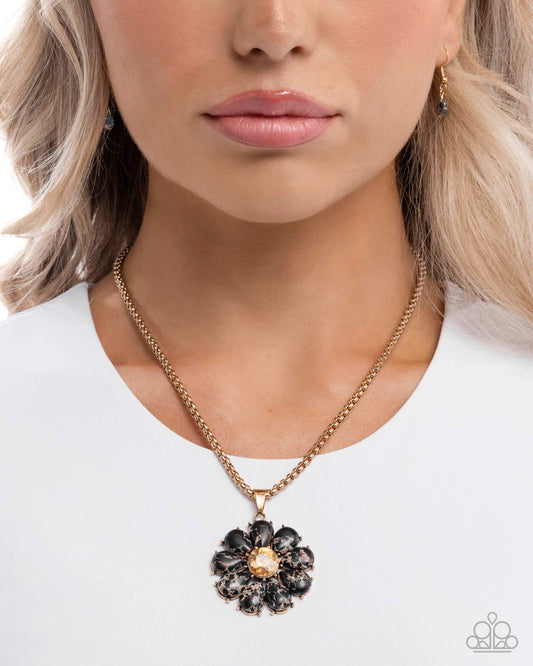 Creative Caliber - Black Marbled Stone Flower Gold Necklace Paparazzi N3558