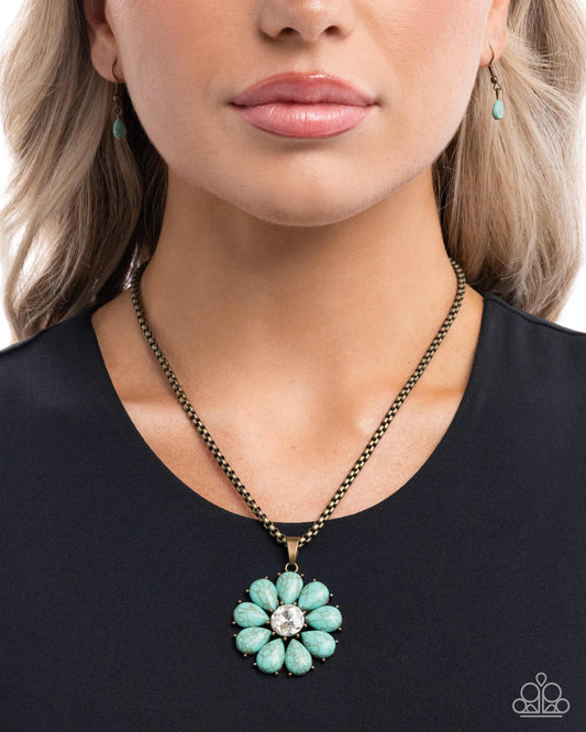 Creative Caliber - Brass & Light Green Marbled Stone Flower Necklace Santa Fe Style Paparazzi N3652