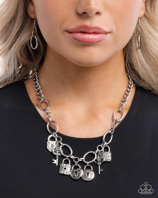Padlock Pairing - Silver Padlock & Key Charm Style Necklace Paparazzi N3478