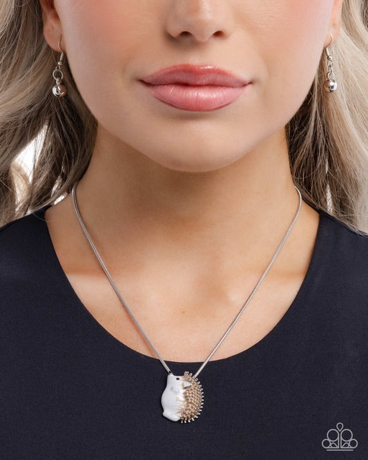 Porcupine Pizzazz - Brown Cocoon, White & Silver Pendant Animal Scandi Charm Style Necklace Paparazzi N3418