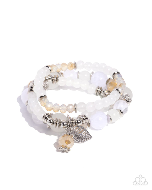 Leafy Lounge - White Faceted, Silver, Ivory Acrylic & UV Shimmery Bead Set Of 3 Stretch Bracelets Paparazzi B2448