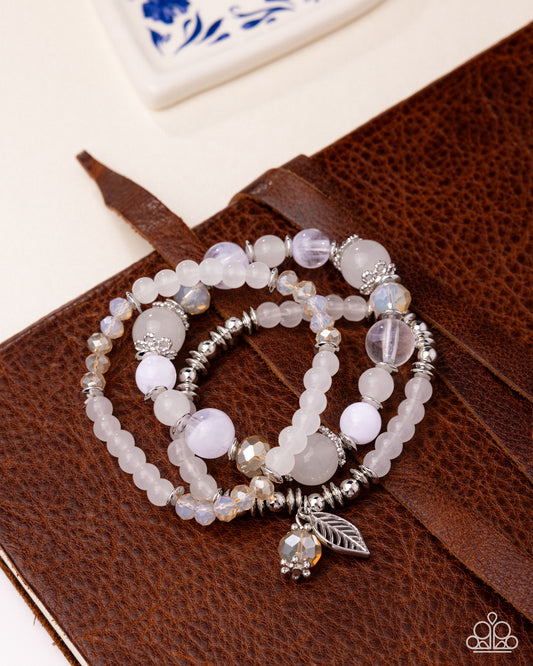Leafy Lounge - White Faceted, Silver, Ivory Acrylic & UV Shimmery Bead Set Of 3 Stretch Bracelets Paparazzi B2448
