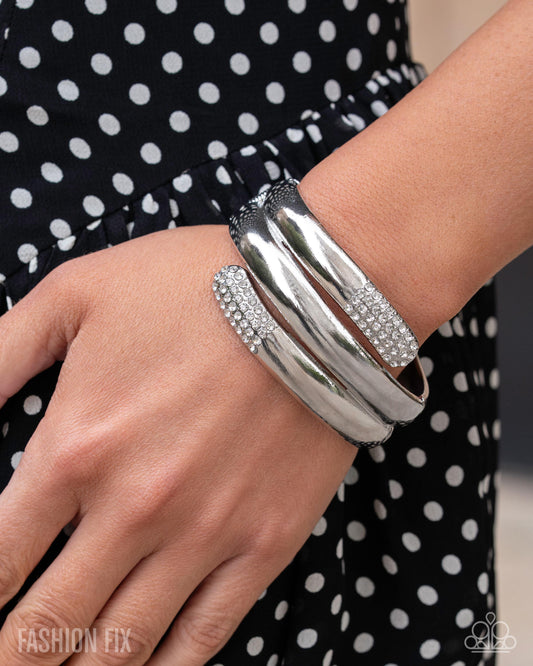 Smooth Similarity - White Rhinestone Hinged Bracelet Fiercely 5th Avenue Fashion Fix August 2025 Paparazzi B2402