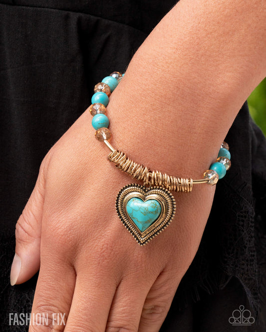 Horseshoe Heartthrob - Gold & Blue Turquoise Heart Stretch Bracelet Simply Santa Fe Fashion Fix July 2025 Paparazzi B2314