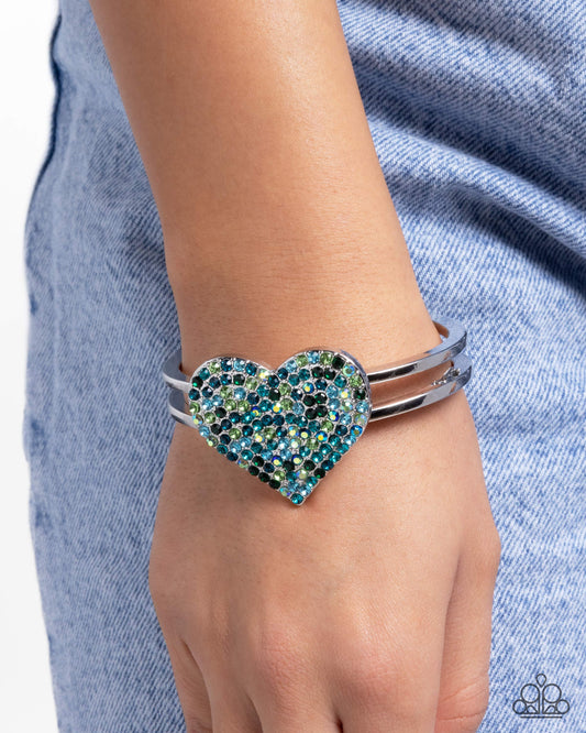 Significant Shimmer - Green, Blue Multicolored & Iridescent Rhinestone Heart Hinged Bracelet Paparazzi B2433