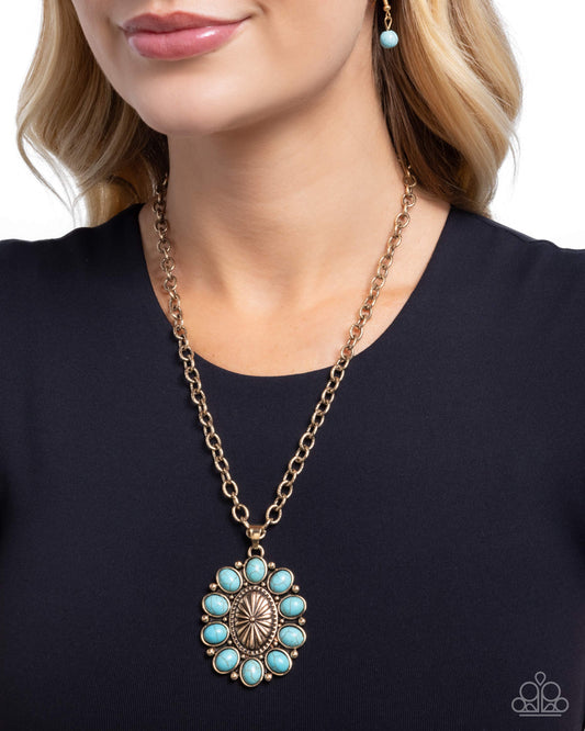 Santa Fe Score - Gold & Blue Turquoise Floral Pendant Necklace Paparazzi