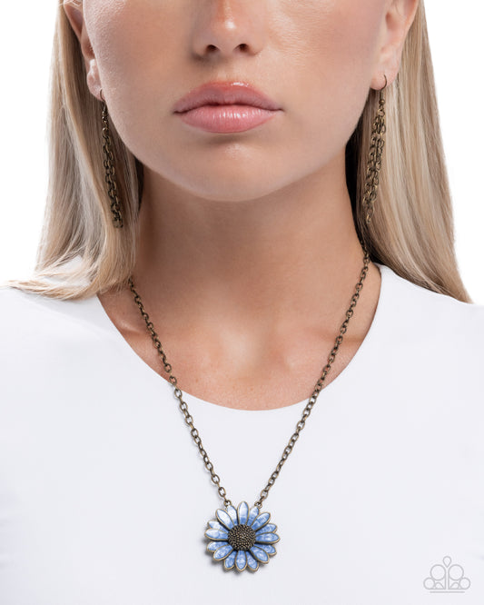 Parisian Posy - Brass & Light Blue Pearl Painted Daisy Flower Necklace Paparazzi N3632