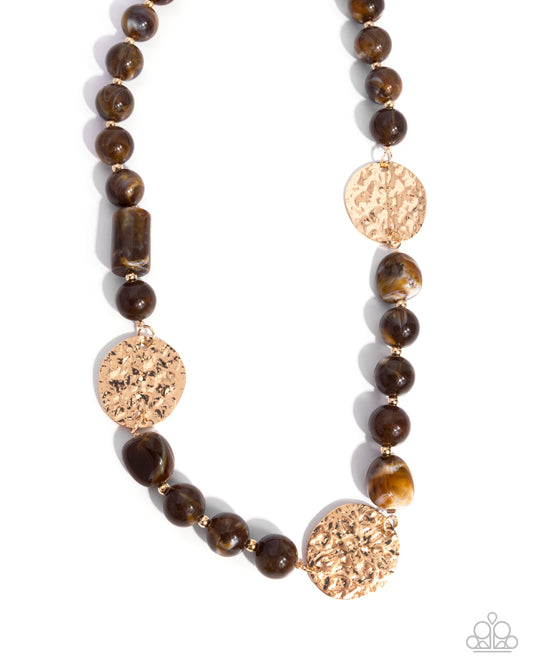 Contemplative Chic - Brown Acrylic Bead & Hammered Gold Disc Necklace Paparazzi N3570