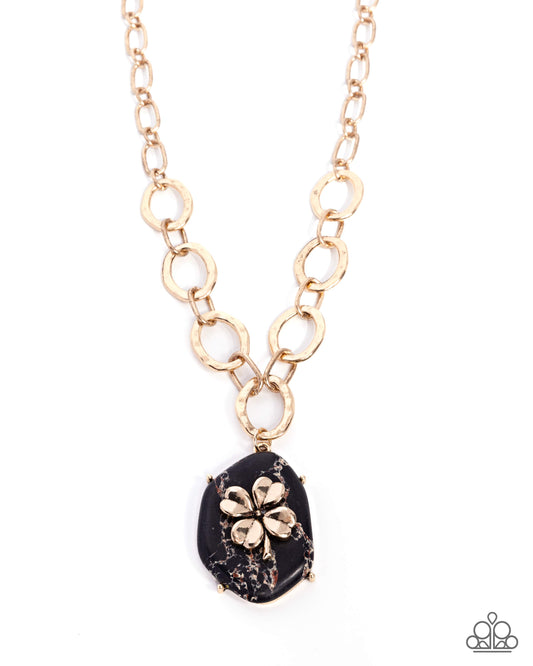 Paparazzi Clover Collection - Black Marbled Stone Gold Clover Hammered Santa Fe Style Necklace N3676