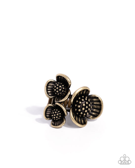 Traveling Trio - Brass Studded Flared Flower Ring Paparazzi R1169