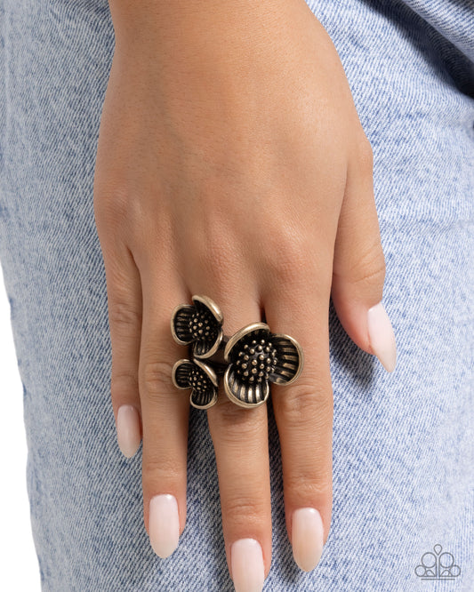 Traveling Trio - Brass Studded Flared Flower Ring Paparazzi R1169