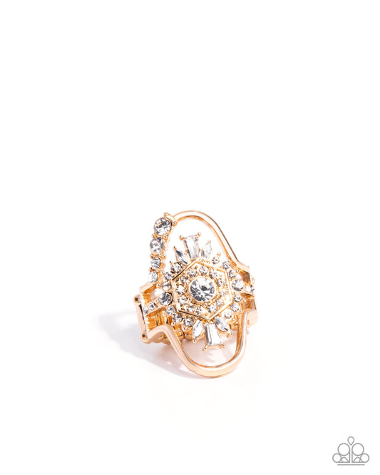 Ornate Oval - Gold & White Rhinestone Shimmer Ring Paparazzi R1180